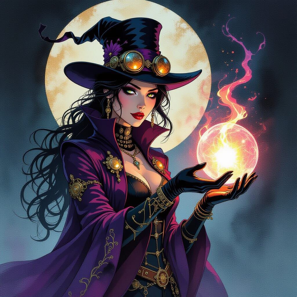 Steampunk Sorceress Controls Elements in Graphic Novel Style