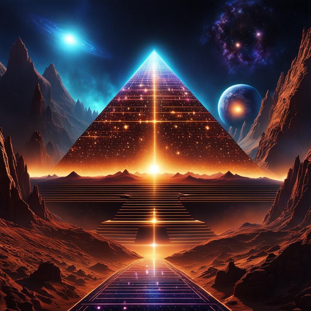 Futuristic Pyramid Megapolis in Psychedelic Black Light Art