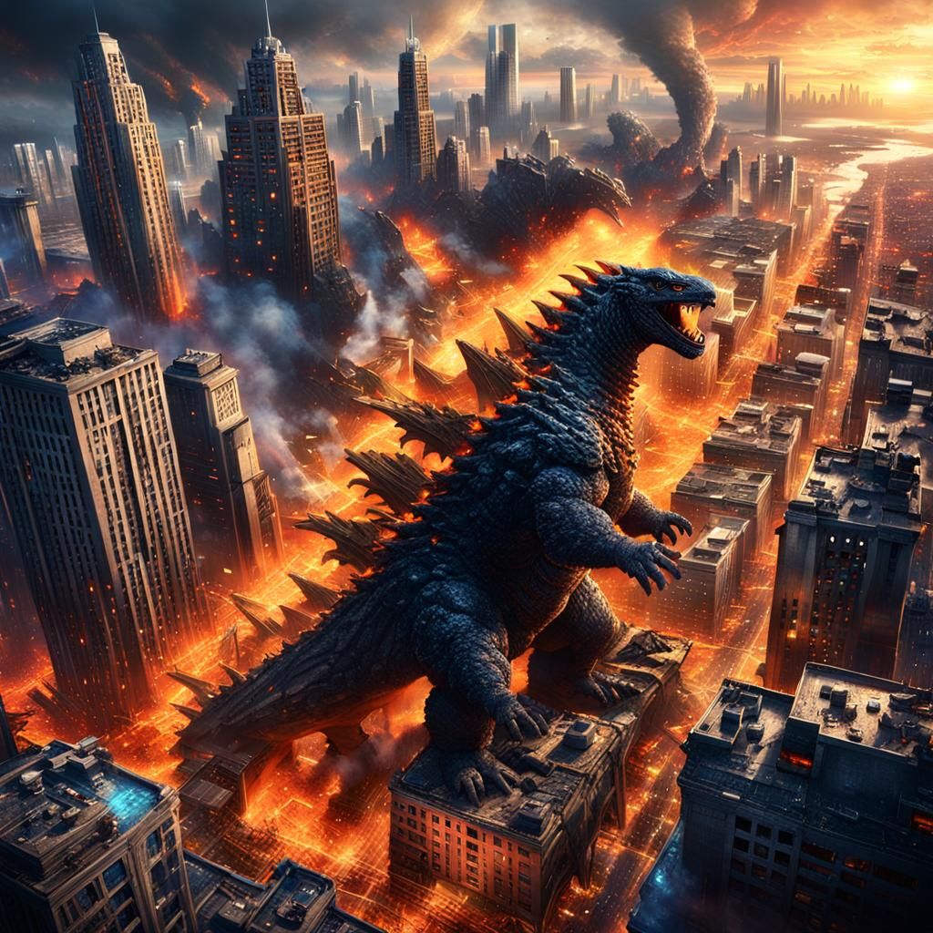 Godzilla vs Military in City: Overhead Concept Art