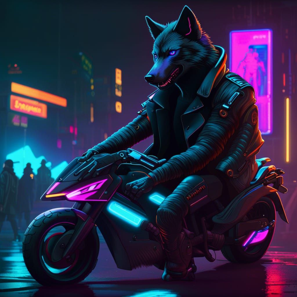 Cyberpunk Wolf on Motorcycle in Neon Cityscape