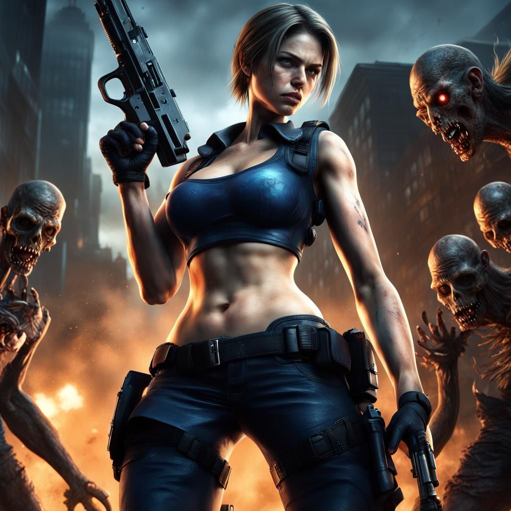 Jill Valentine with Gun and Zombies: Digital Painting