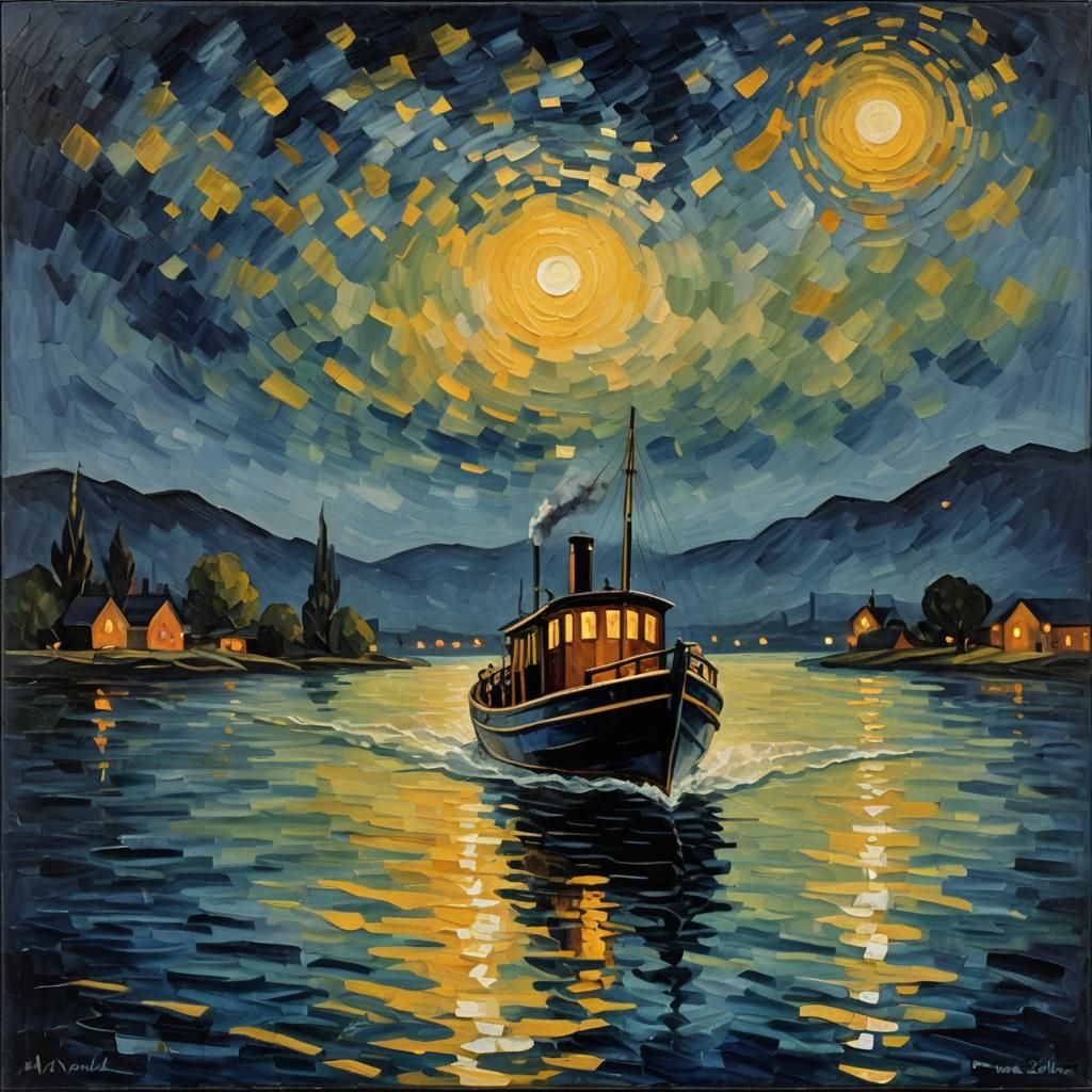 Midnight Steamboat in Expressionist Impasto Style