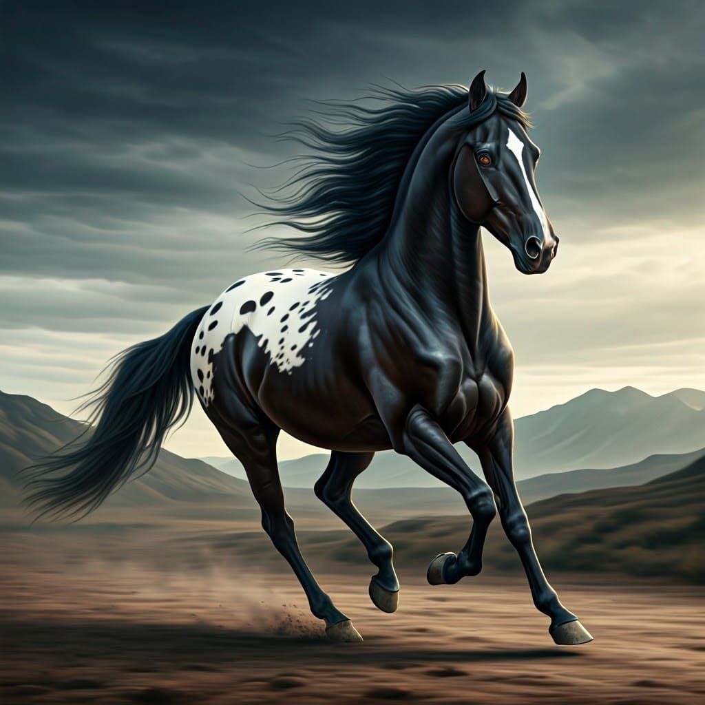 Majestic Black Horse Charging Through Futuristic Stormscape