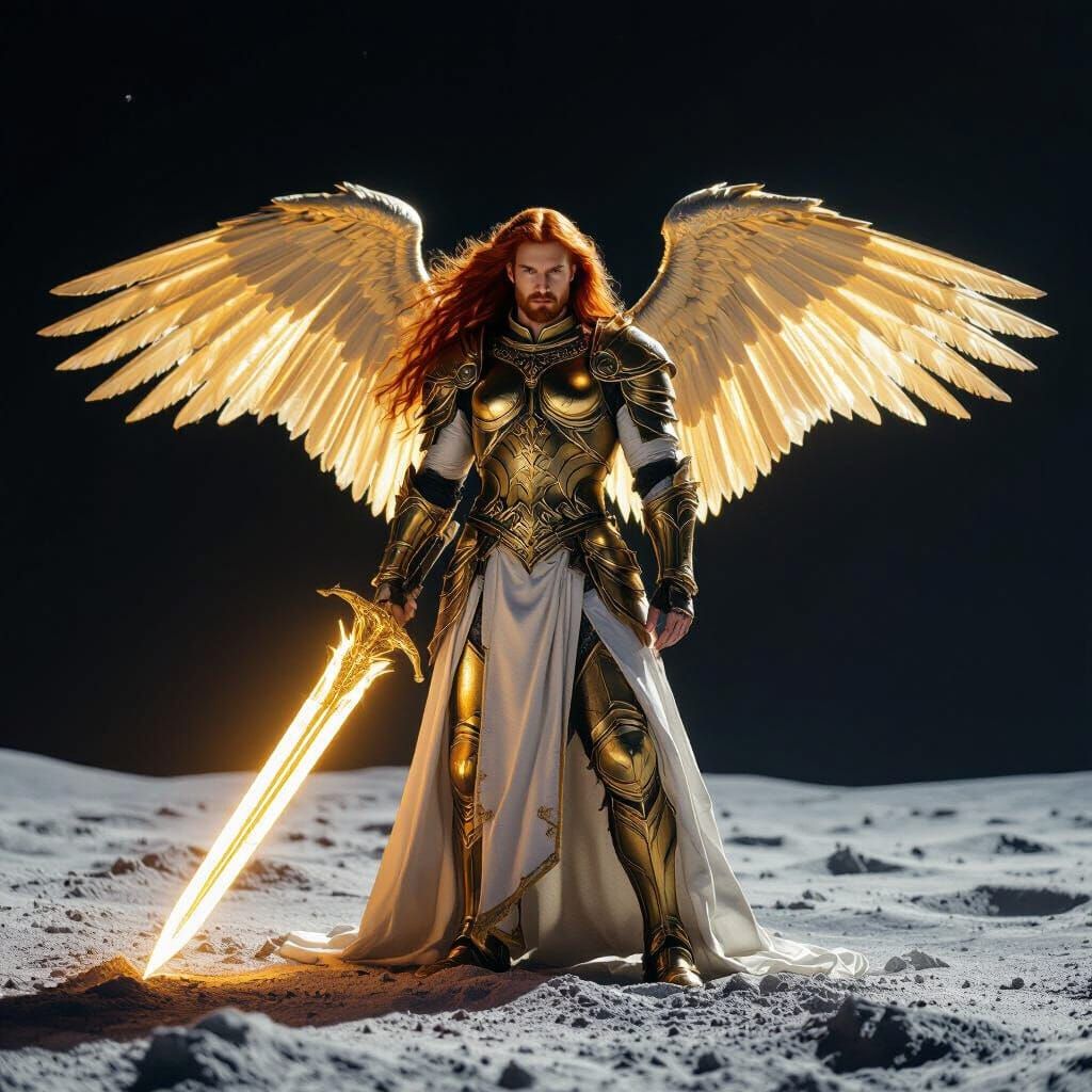 Archangel Warrior with Golden Aura on the Moon