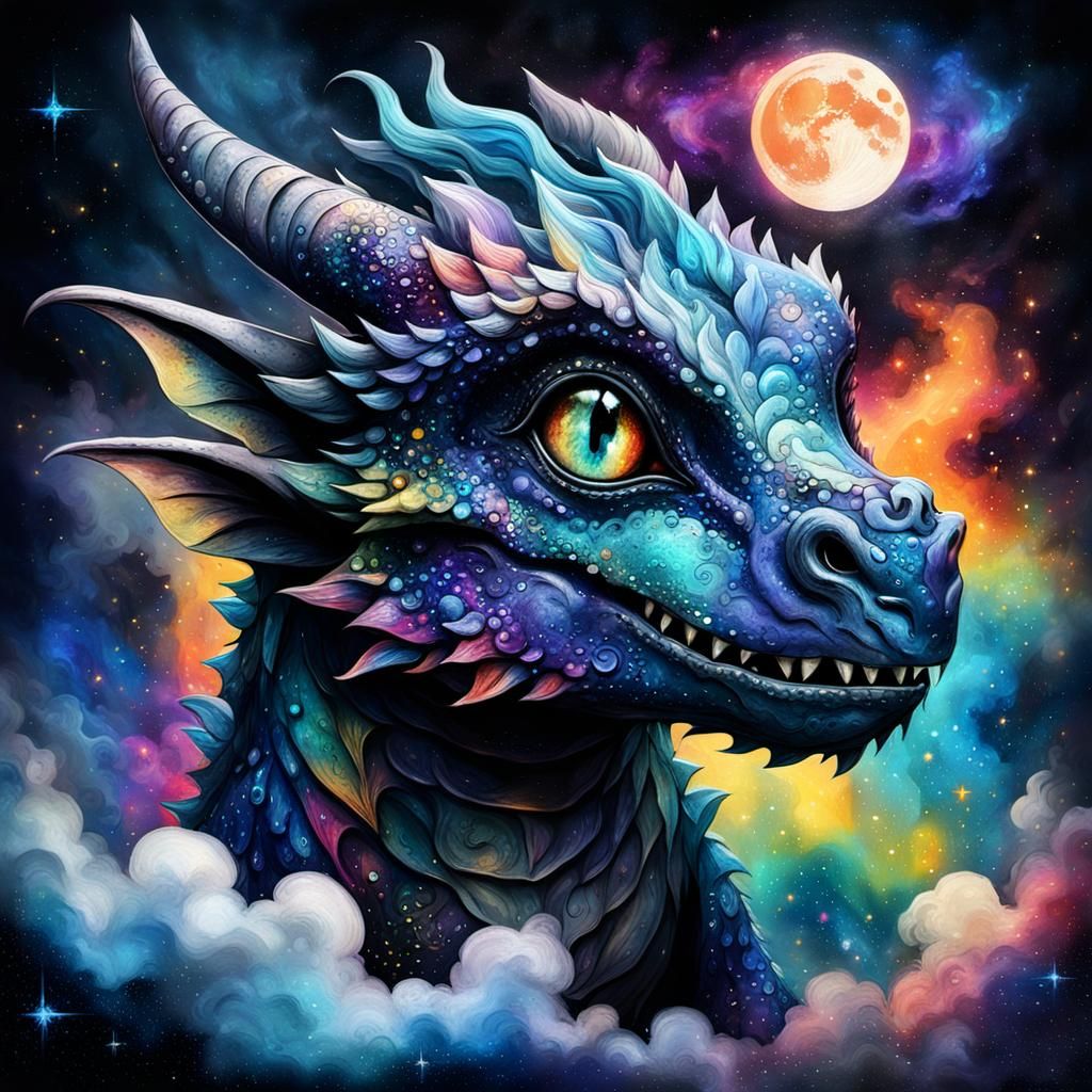 Baby Dragon in Space Horror Style Watercolor