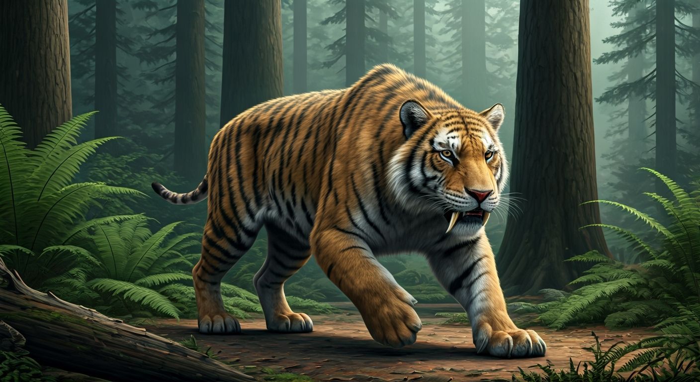 Saber-Toothed Tiger Stalks Prey in Prehistoric Forest