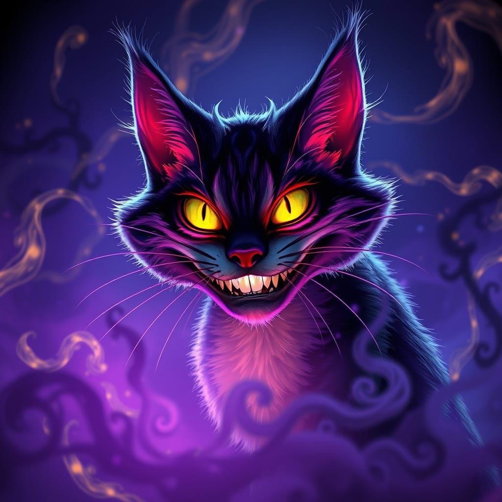 Mysterious Dark Fantasy Cheshire Cat in Ethereal Smile
