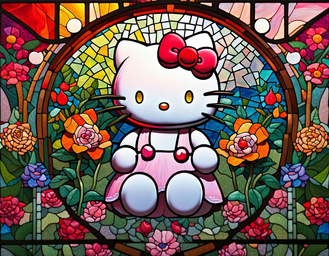 Hello Kitty Stained Glass Mosaic in Expressionist Style