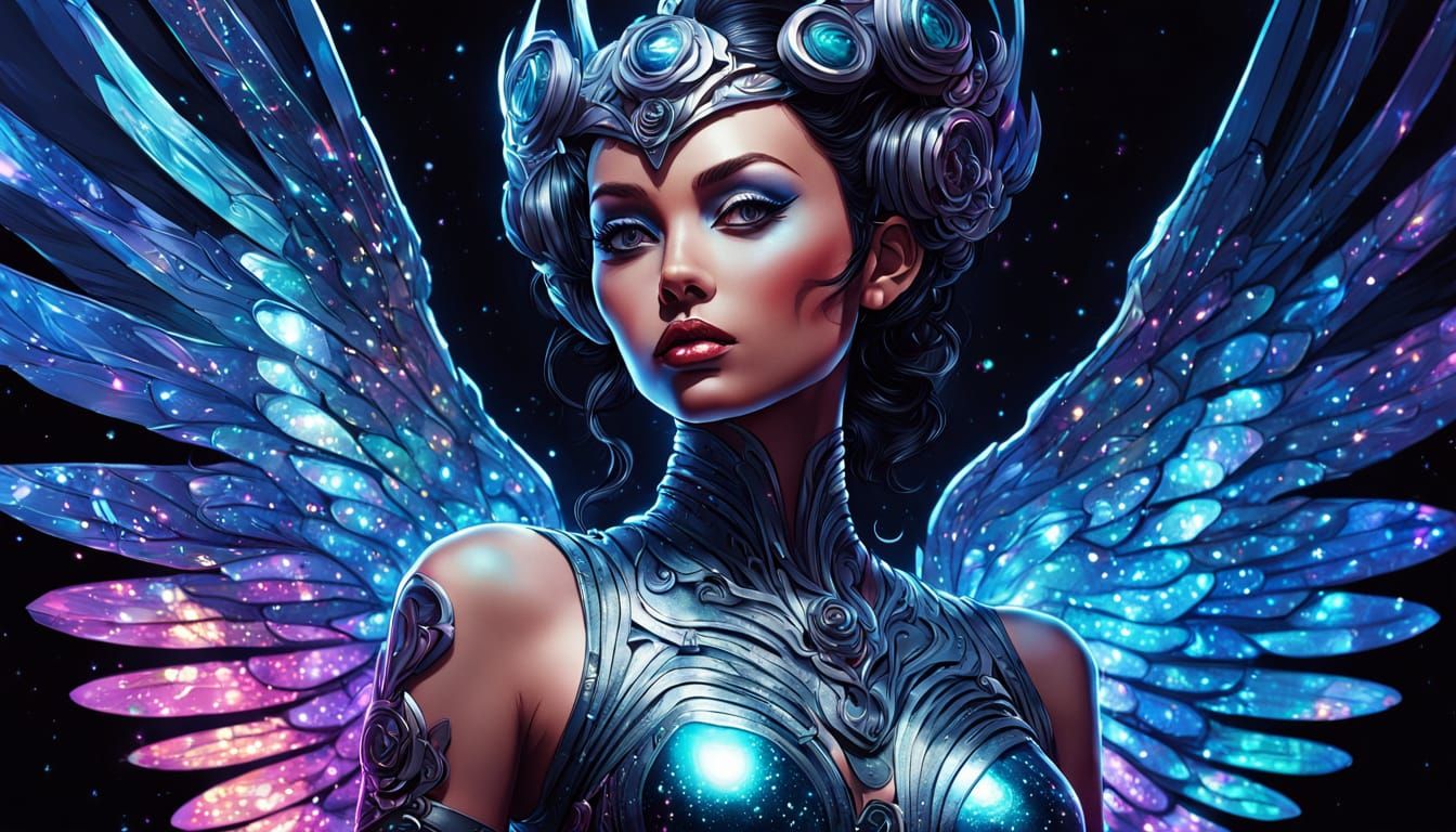 Futuristic Burlesque Performer with Holographic Wings