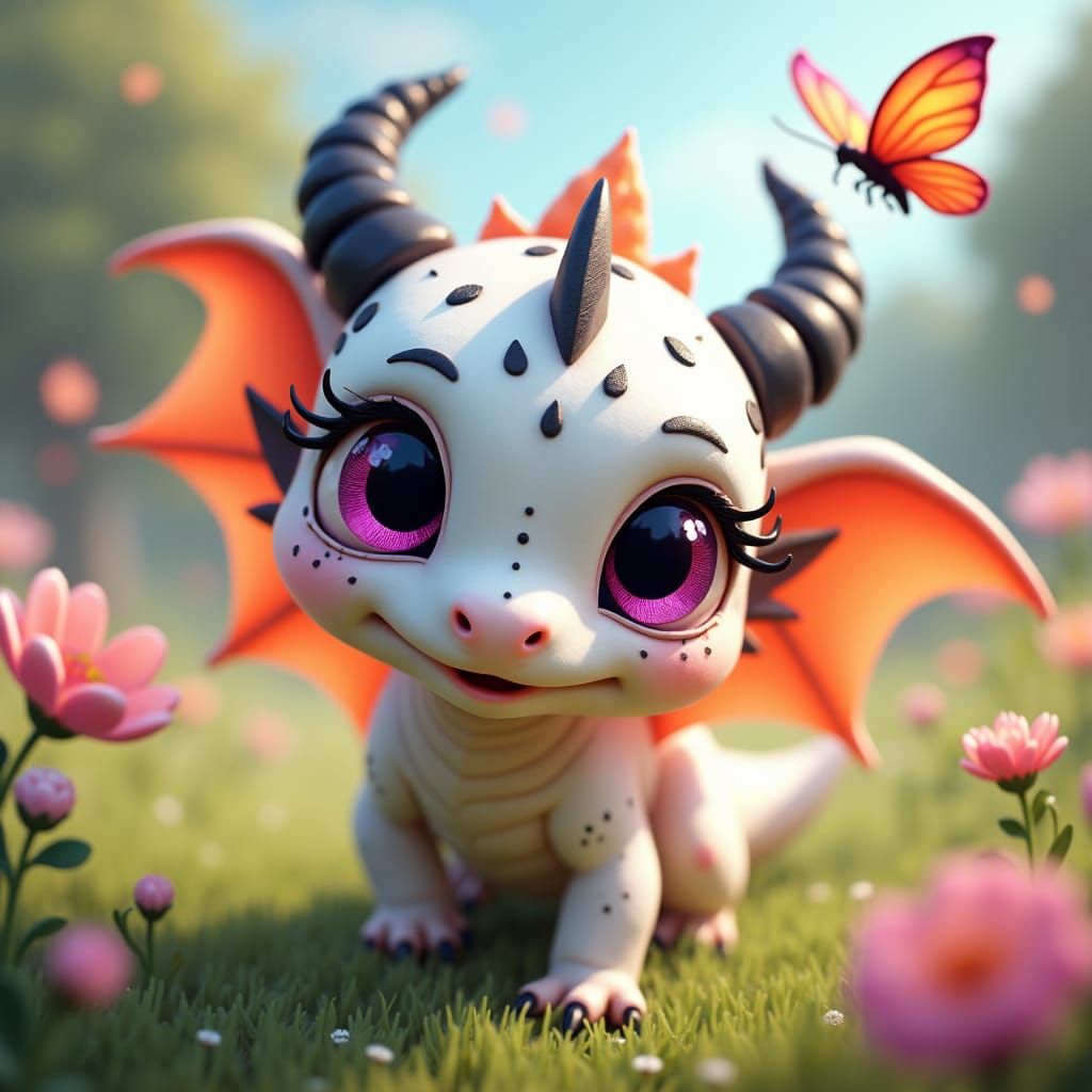 Cartoon Baby Dragon in Wildflower Field