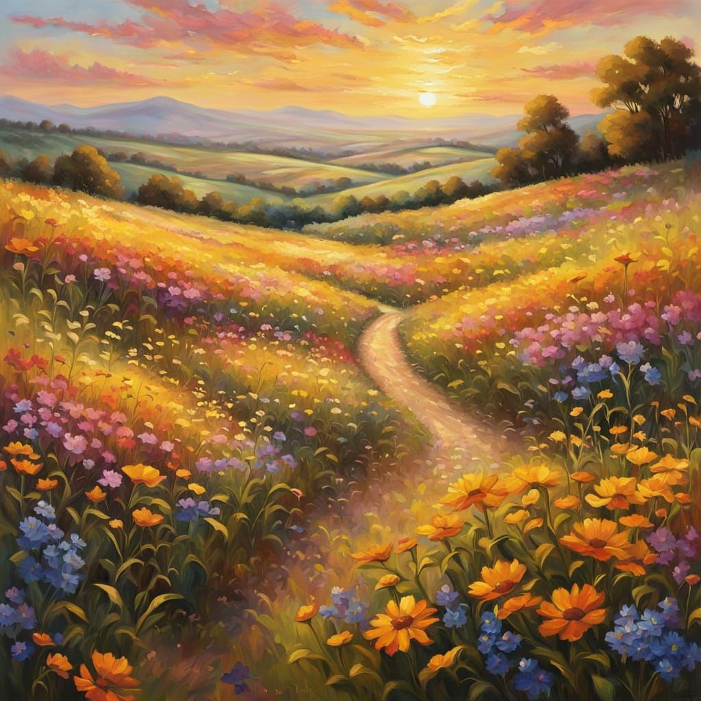 Impressionist Sunset Over Wildflower Meadows