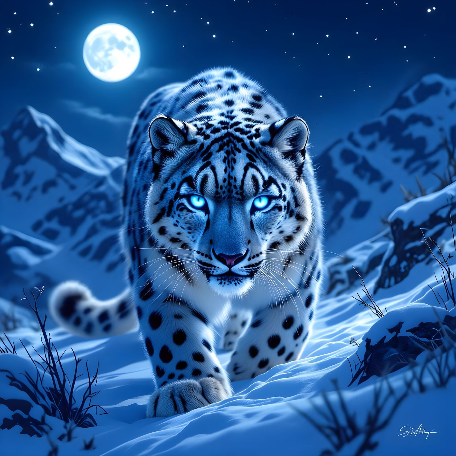 Snow Leopard with Blue Glowing Eyes in Mountain Night