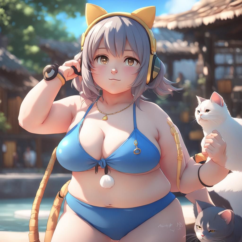 Anime Girl in Bikini with Cat Ears and Tail
