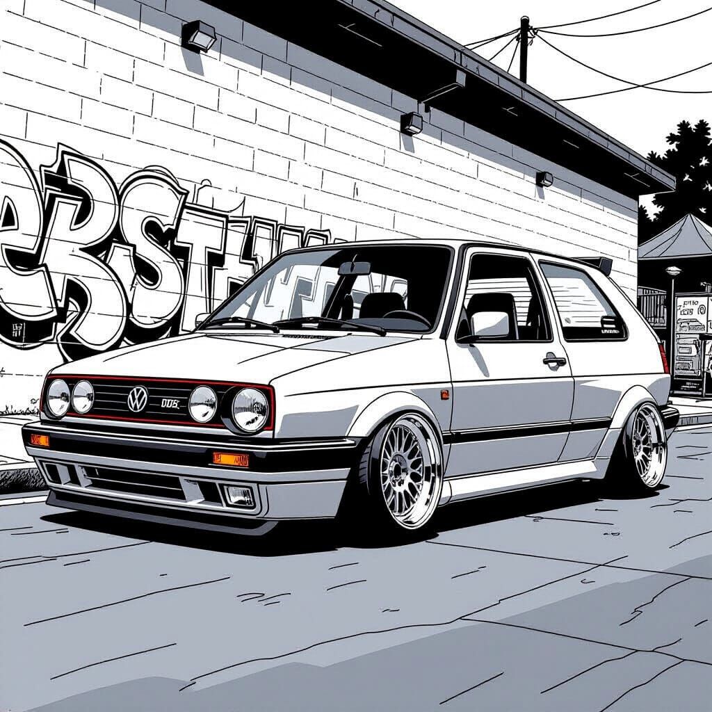 Coloring Book Style VW GTI Line Art