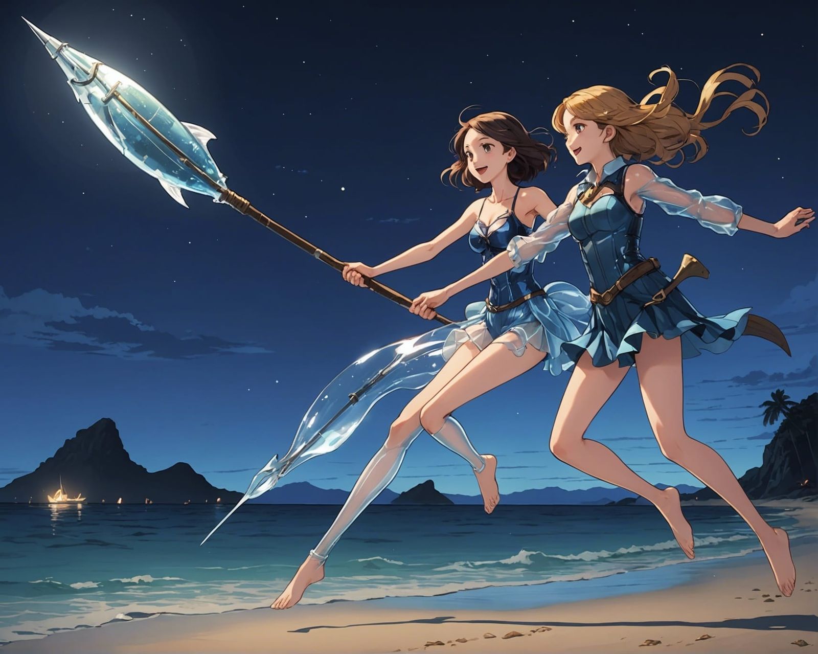 Woman Leaps on Fish Creature, Cel-Shaded Anime Art