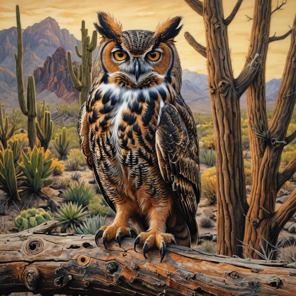 Great Horned Owl in Arizona Desert: Colored Pencil