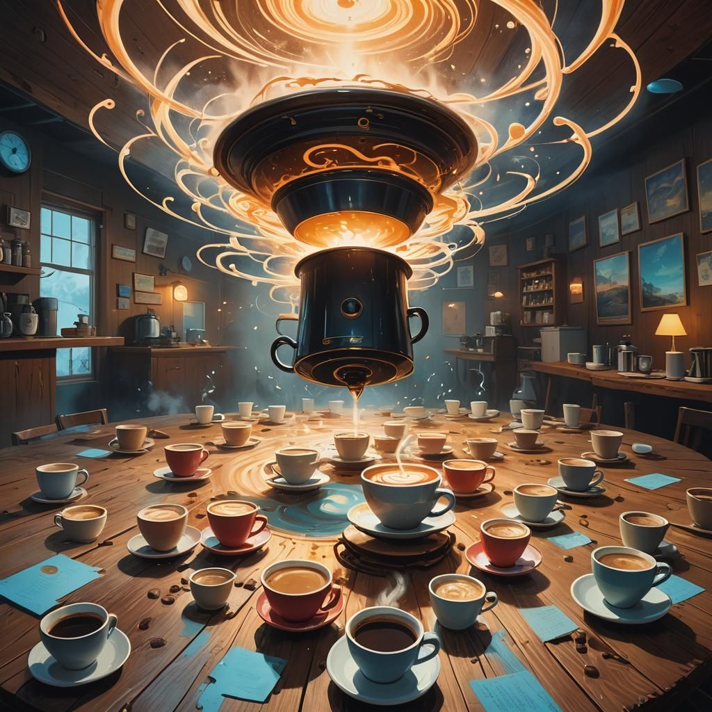 Levitating Coffee Vortex in Mystical Realism Style