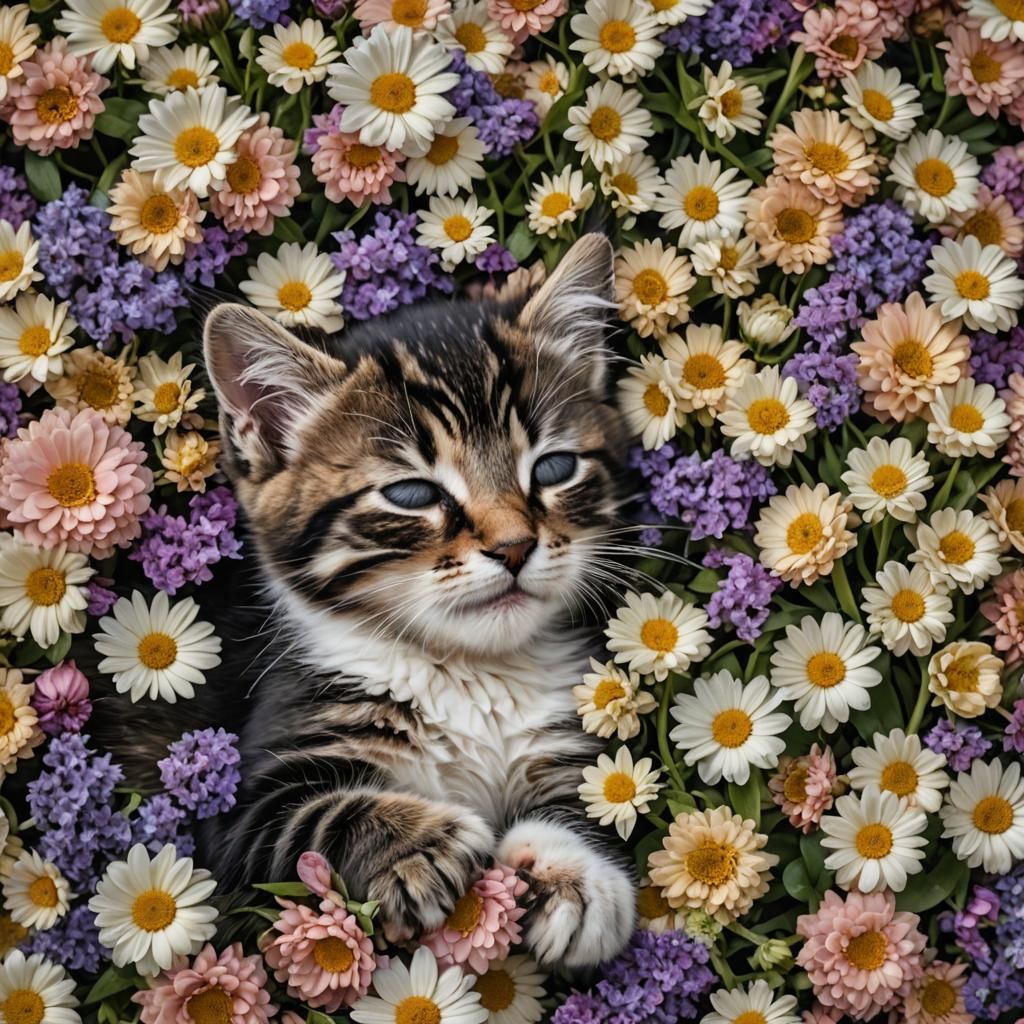 Kitten Sleeping in Flowers: Hyperrealistic 64 Megapixel Imag...