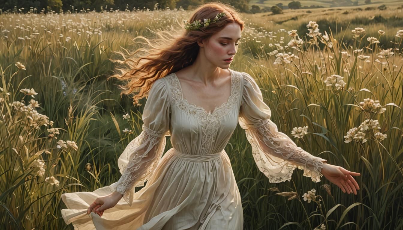 Pre-Raphaelite Woman in Flower Meadow, Golden Light
