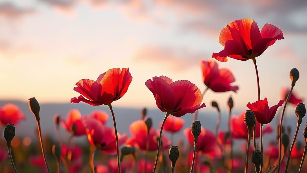 Vibrant Poppies Dance in Sunset Hues