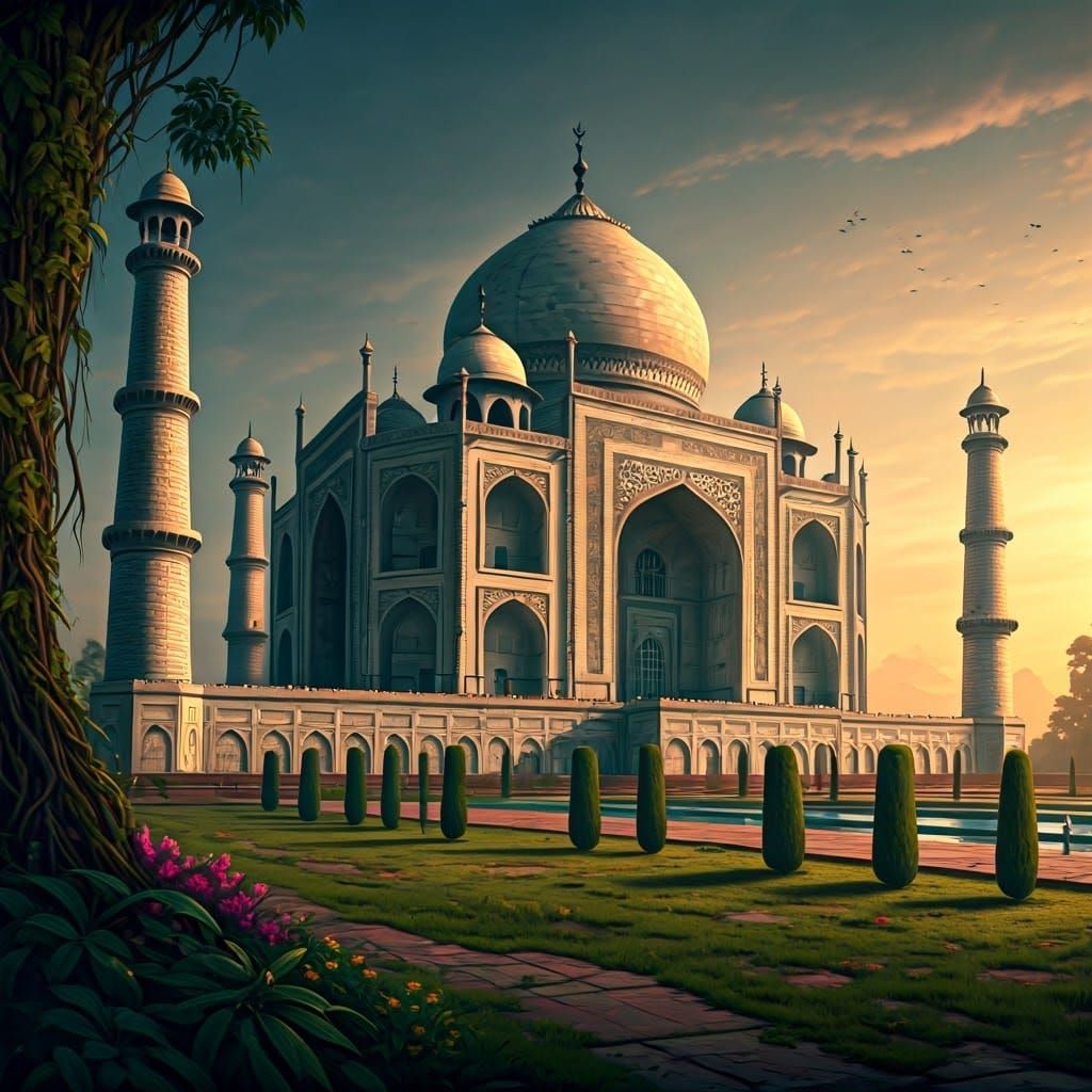 Futuristic Taj Mahal with Neon Lights and Gardens