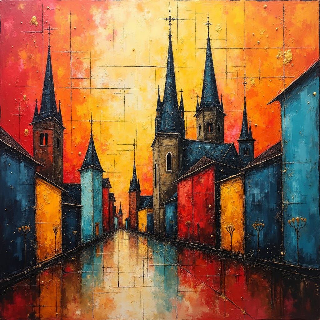 Abstract Cityscape with Spires in Impasto Style