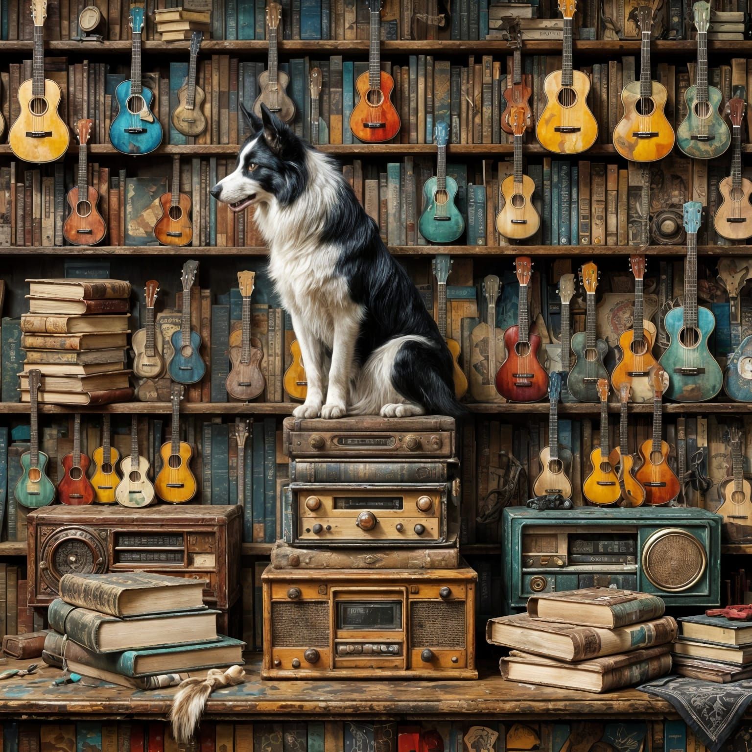 Mysterious Library Scene with Floating Books and Dog