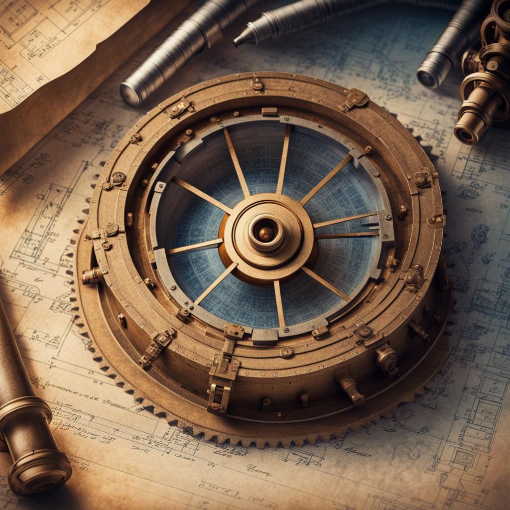 Steampunk Blueprints of Ancient Vault in Mountain