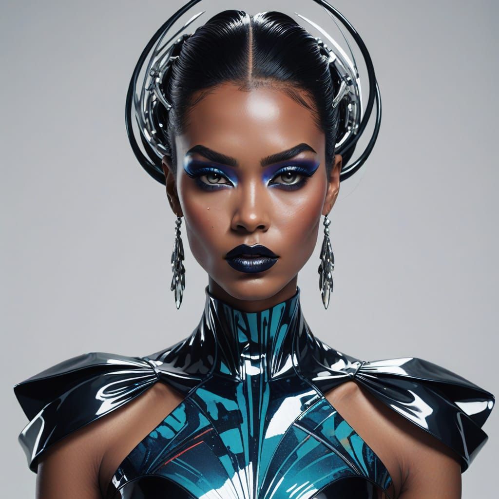 Cartoon Fashion Model in Liquid Mercury Gown