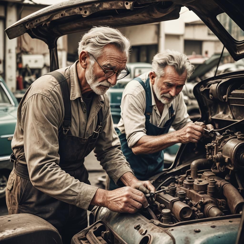 Nostalgic Retro Photo of Two Mechanics Fixing Car