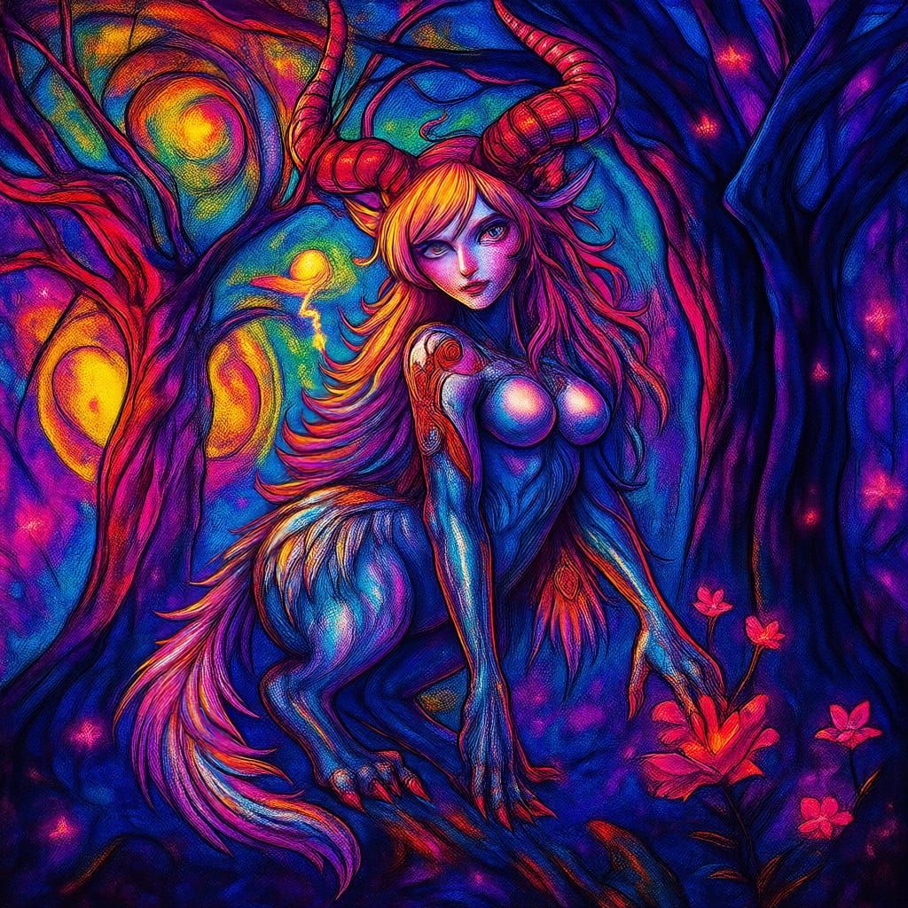 Cryptid Creature in Mystical Realm, Stained Glass Art Style