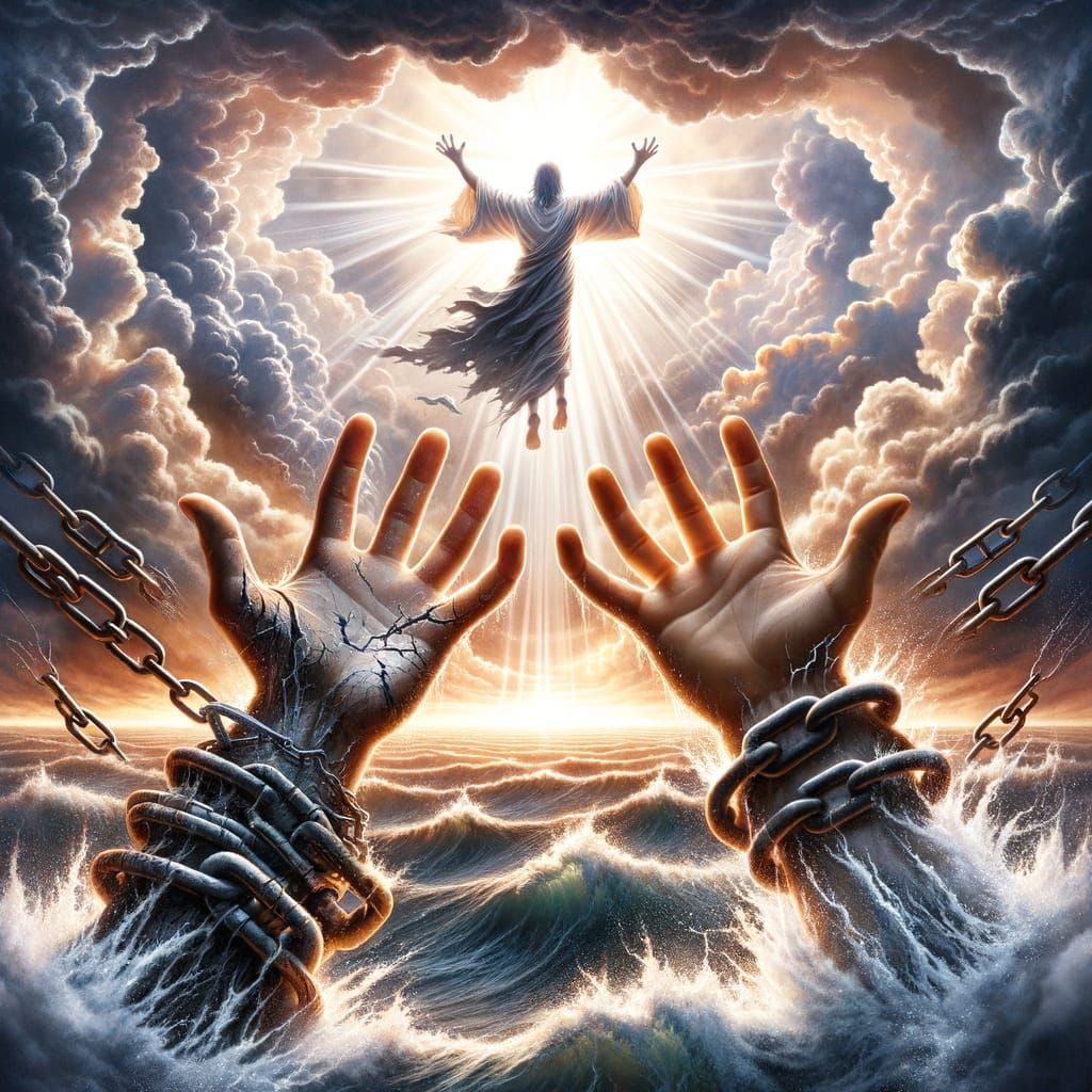 Divine Hands Reach Across Stormy Seas, Broken Chains Symboli...