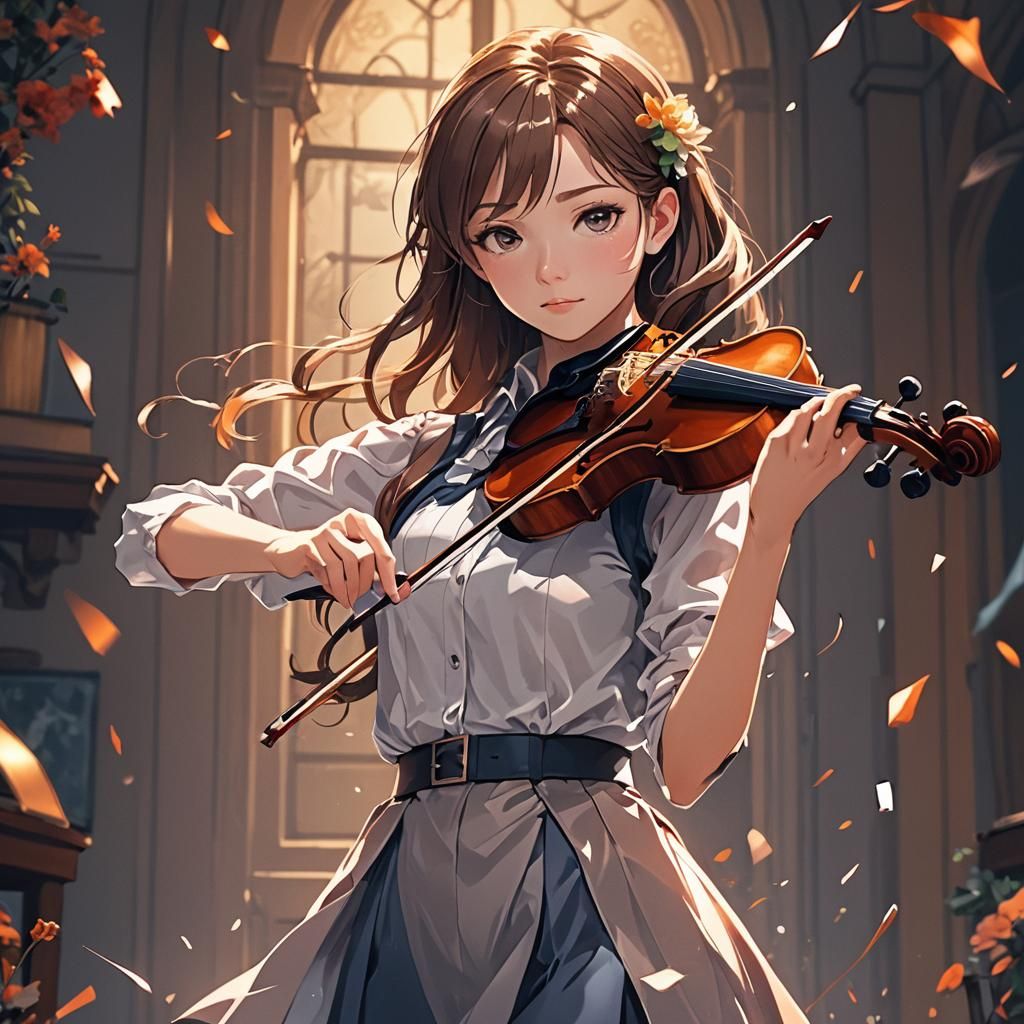 Anime Girl Plays Violin with Cinematic Lighting