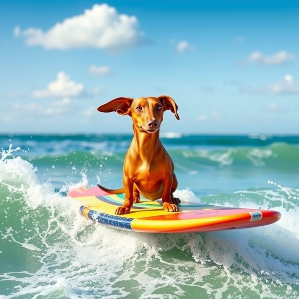 Dachshund Dog Surfing on Ocean Waves