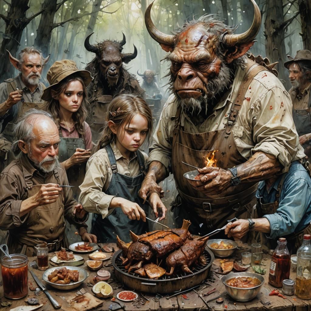 Backwoods BBQ: A Detailed Fantasy Illustration