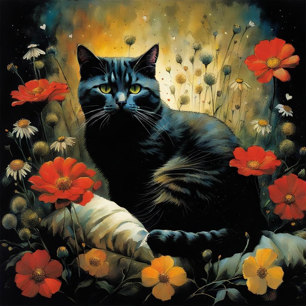 Cat Surrounded by Flowers in Mixed-Media Collage Style