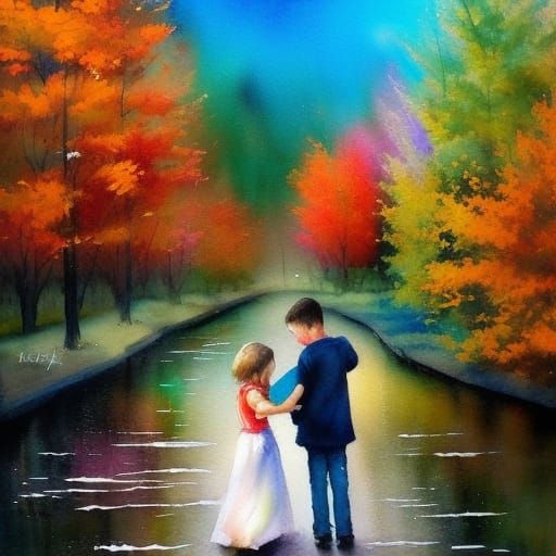 Cute Children in Slavic Village: Watercolor Art