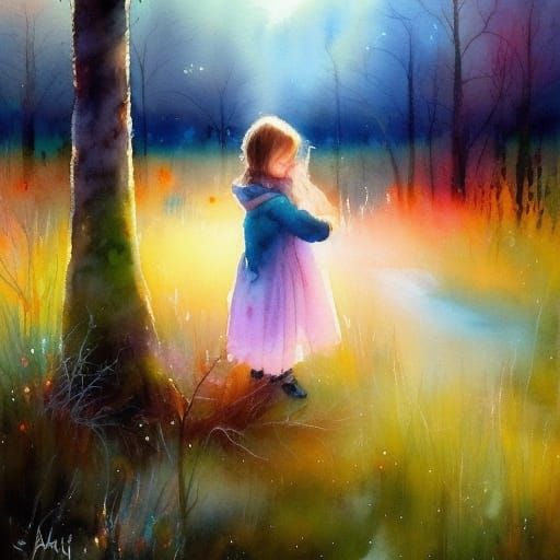 Watercolor Painting of Children in Autumn Village