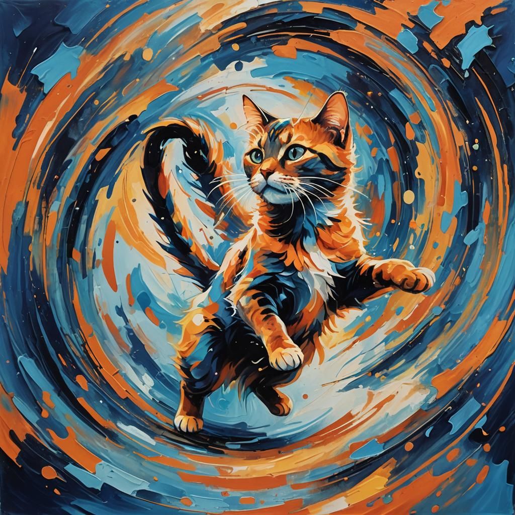 Abstract Cat Leaping Through Portal in Expressionist Style