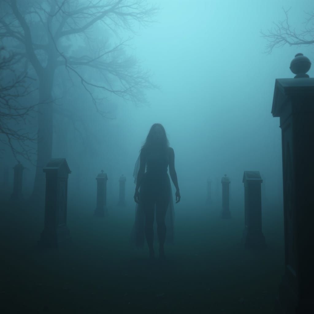Apparition of Woman in Foggy Cemetery