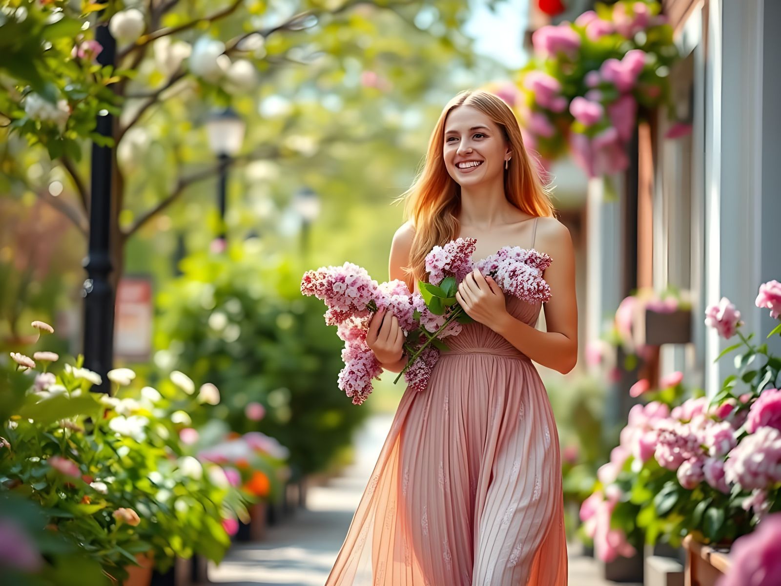 A Beautiful Woman Strolls through Spring Blooms in Professio...