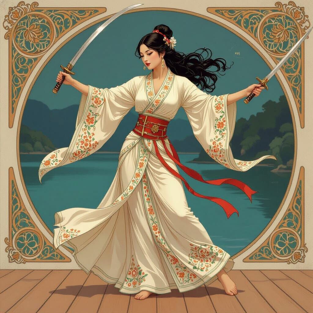 Elegant Sword Dancer in Art Nouveau Style