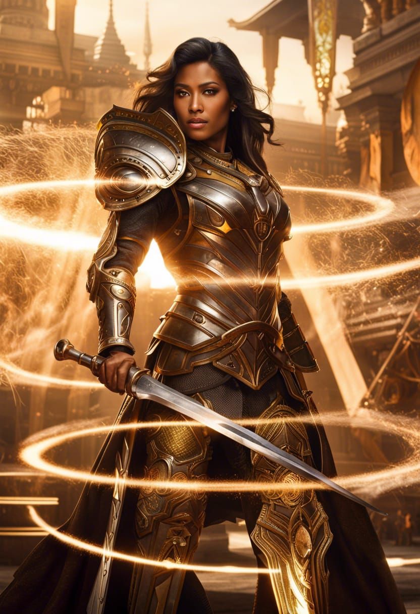 Armored Asian Woman with Magic in Ancient Temple