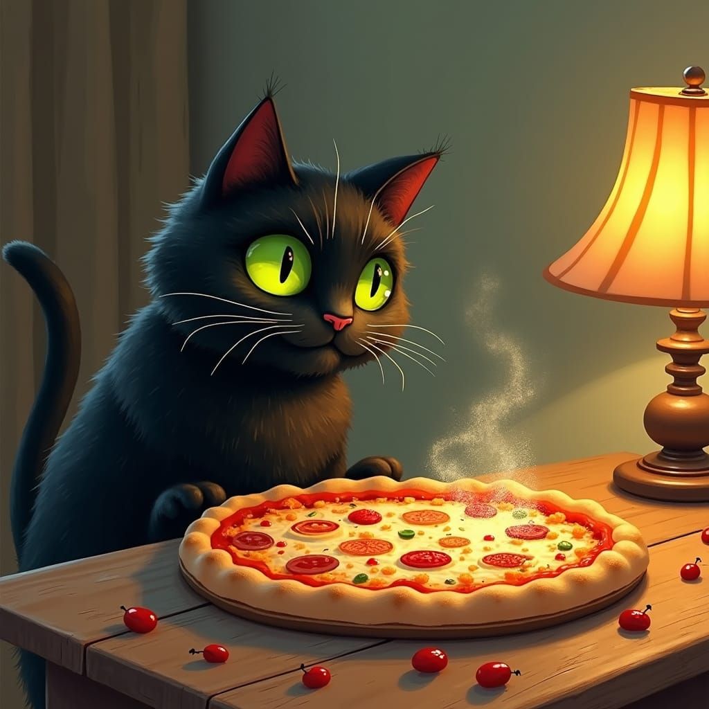 Curious Black Cat and Pizza, Watercolor Style