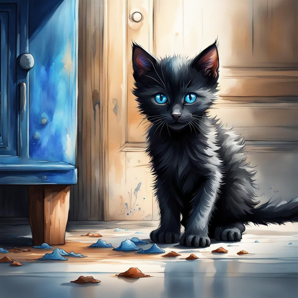 Scared Black Kitten Hiding: Watercolor Fantasy Art