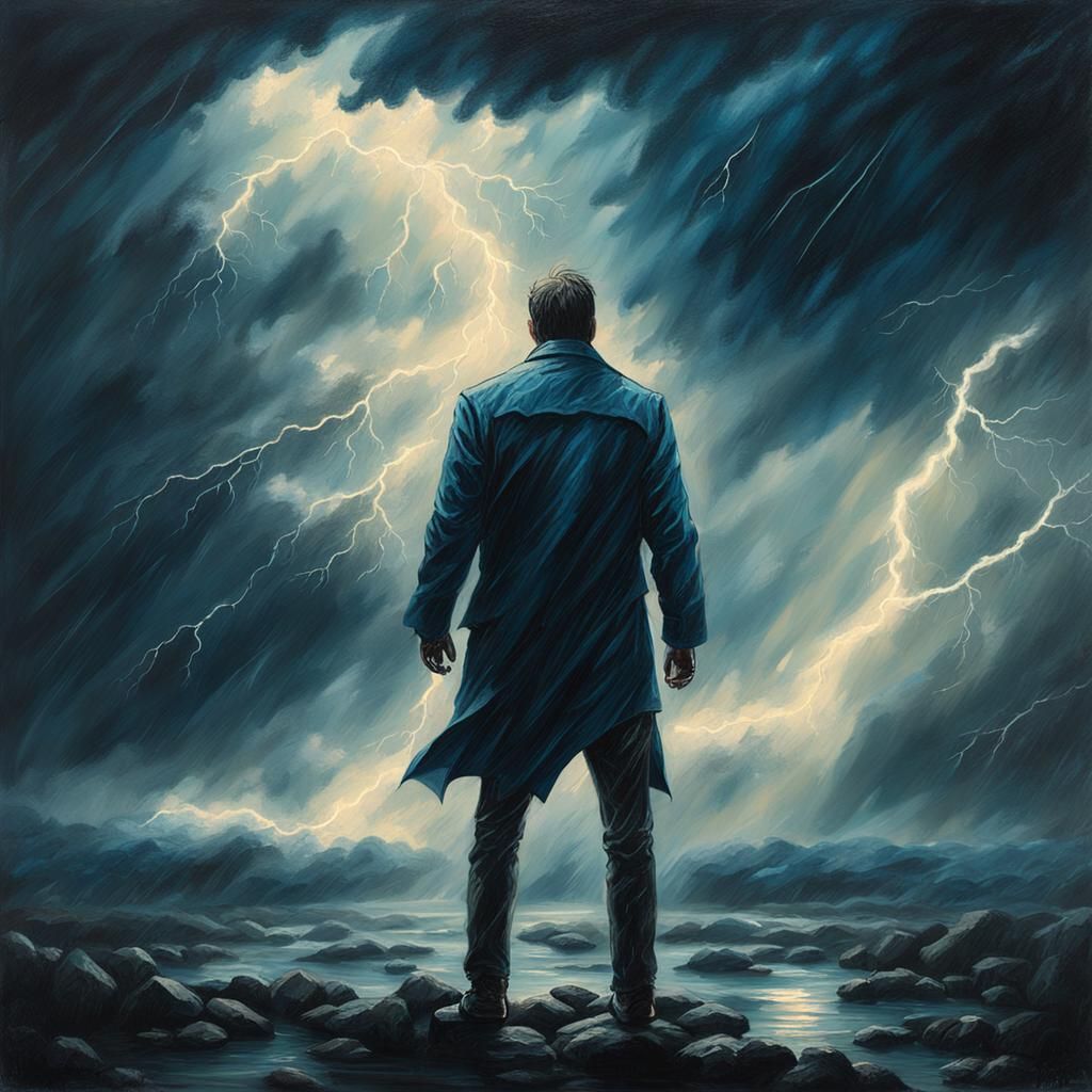 Serene Man in Storm: Dark Fantasy Oil Painting
