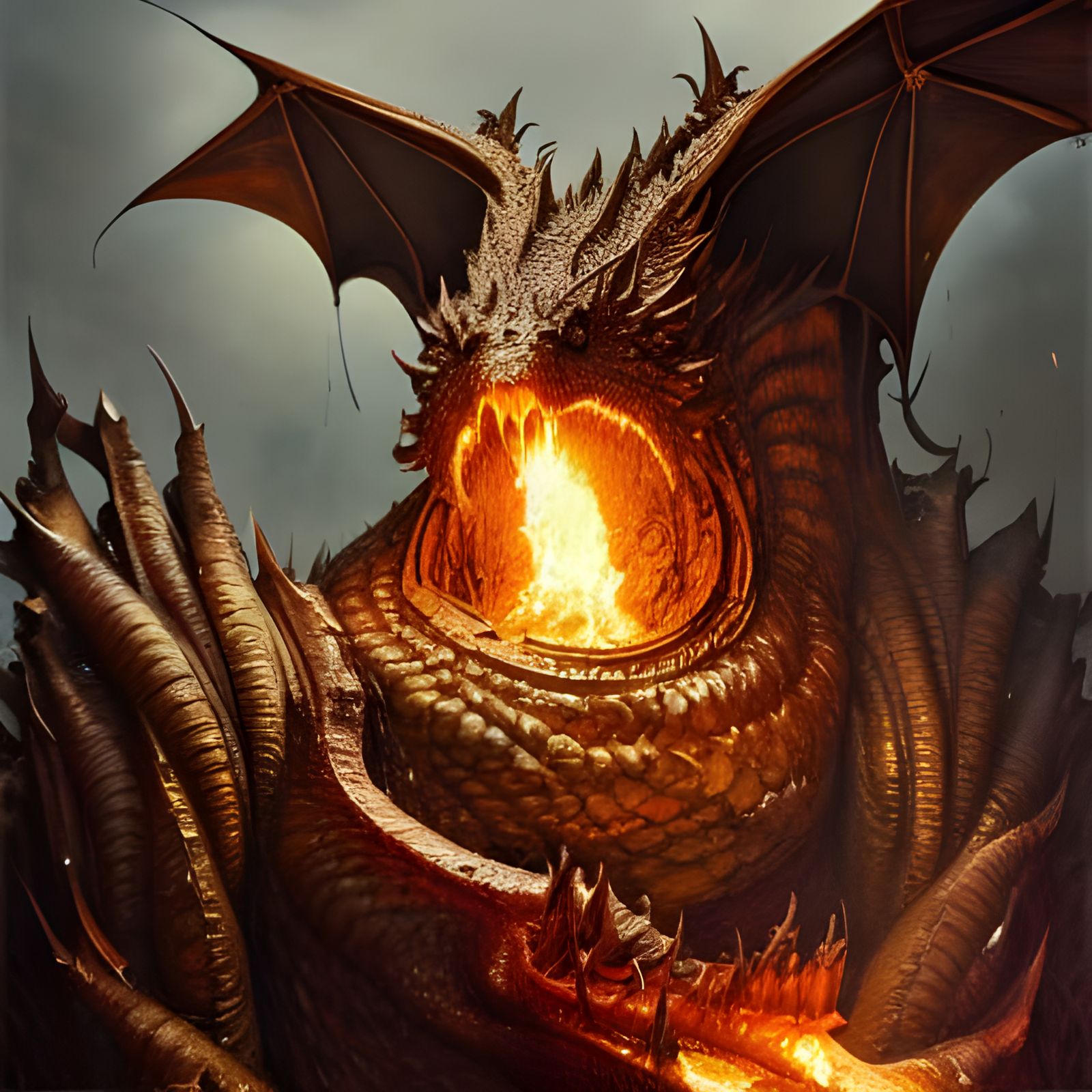 Smaug Spewing Fire Over Gold Treasures