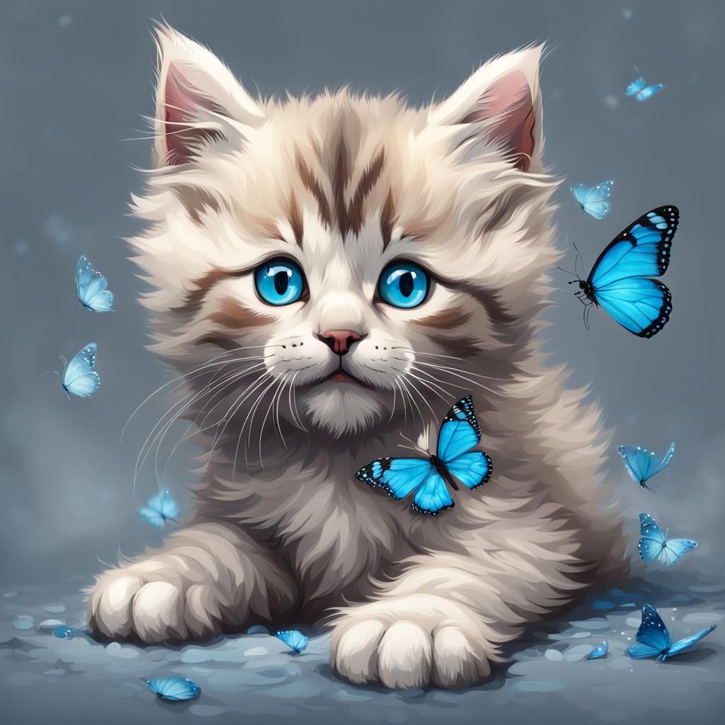 Fluffy Blue-Eyed Kitten with Butterfly