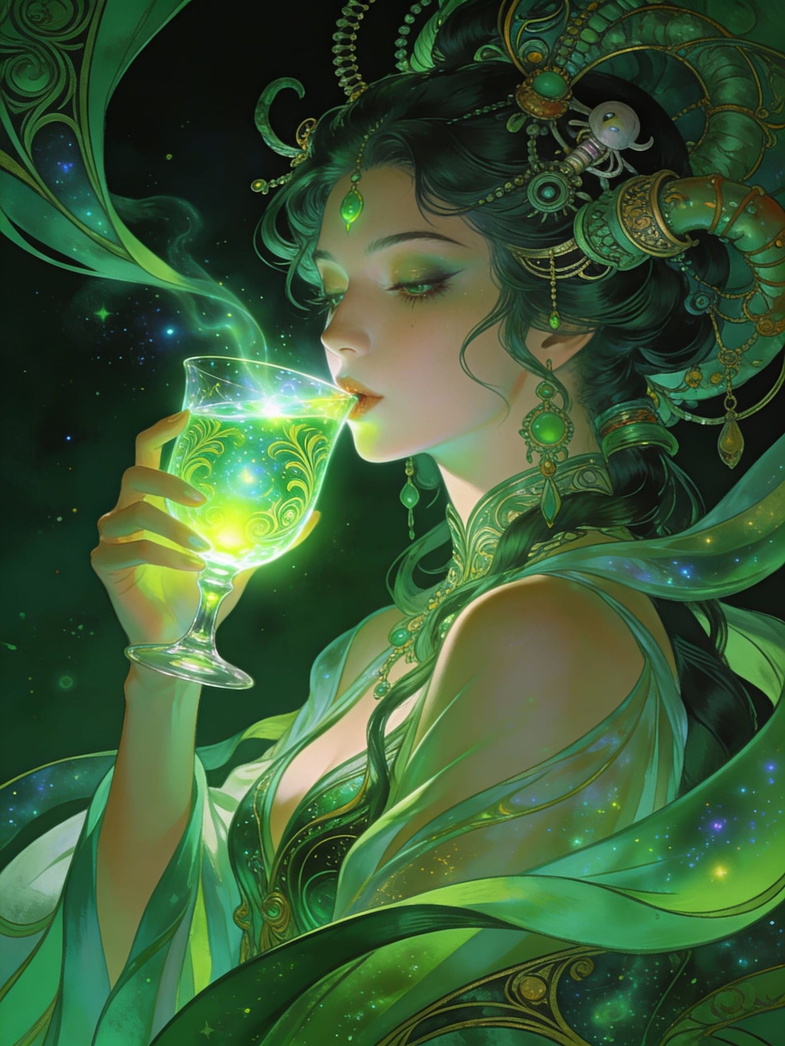 Fantasy Seductress Sips Cosmic Drink in Art Nouveau Style