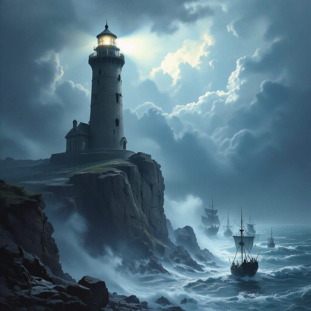 Ancient Lighthouse Guides Spectral Fleet in Dark Fantasy Art